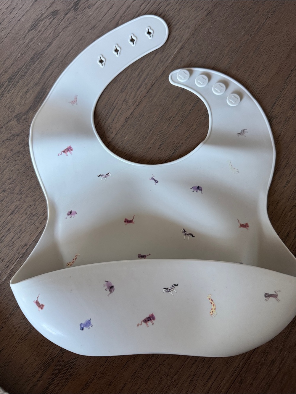 Adjustable Cream Silicone Baby Bib with Cute Animal Print